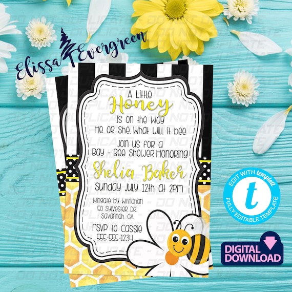 Bee Themed Baby Shower Invitation Template E-vite Template - Etsy