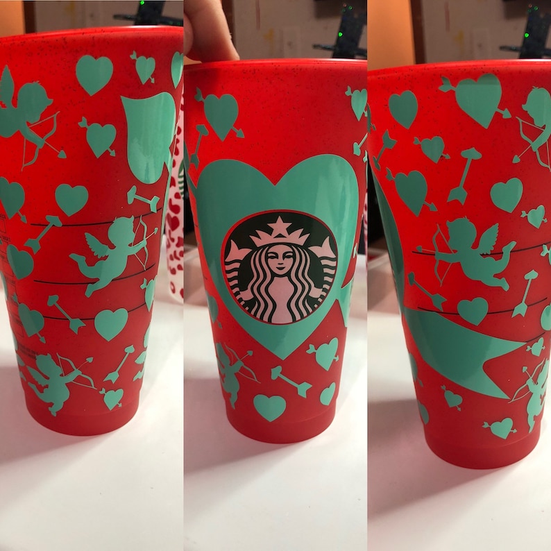 Valentine\u2019s teal heart /& Cupid Starbucks cold cup