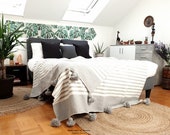 Grey Moroccan Heavy Blanket Throw made of Hyppoalergenic Woven Cotton by Berber Artisans on Wooden Looms - Artisan Blanket - Large Bed Throw
