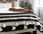 Black White Moroccan Tassel Pompom Bedspread, Hand Woven Bed Cover by Berber Artisans on Wooden Looms, Cozy Blanket, Bohemian Cotton Throw