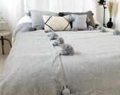 Grey Moroccan plaid pompom, Hand Woven by Berber Artisans on Wooden Looms, Hyppoalergenic Soft Cotton Plaid, Large Cotton Sofa Throw Blanket