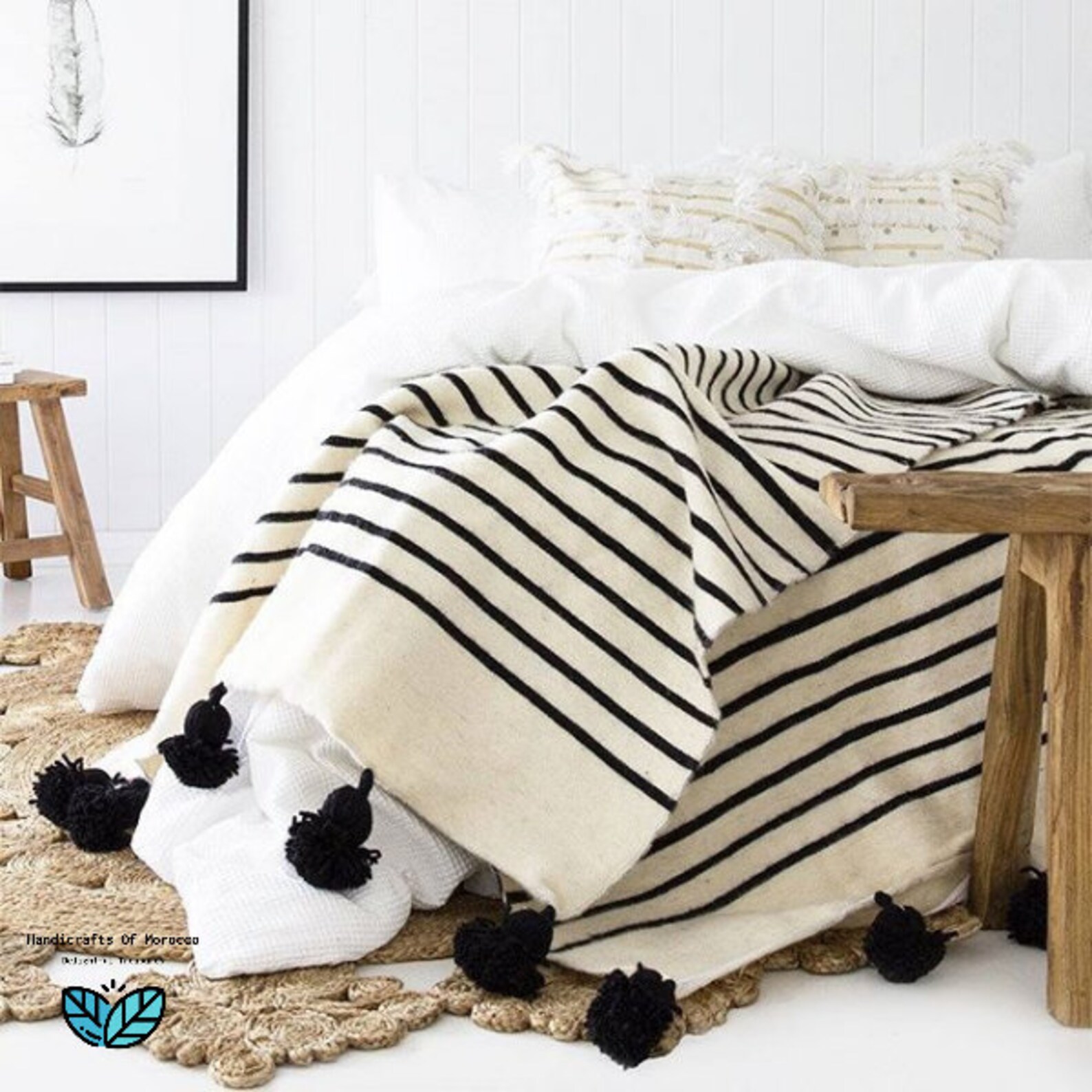 Black & White Moroccan Heavy Weighted Blanket With Tassels Hand Woven