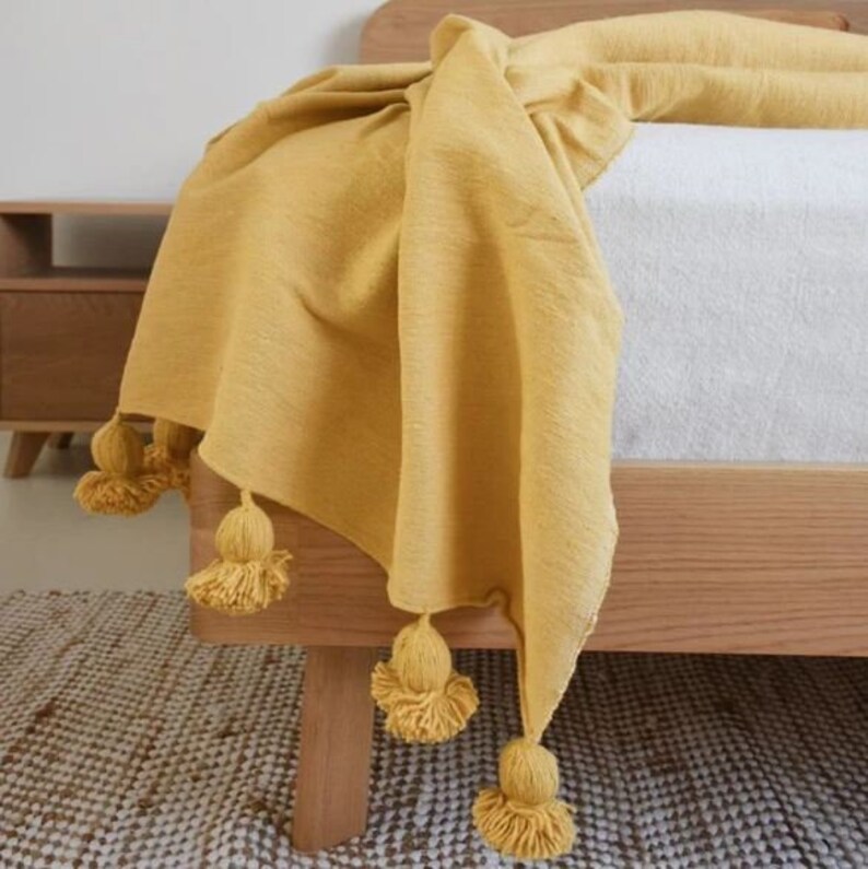 Hyppoalergenic Moroccan Pom Pom Tassel Throw Blanket Mustard Etsy