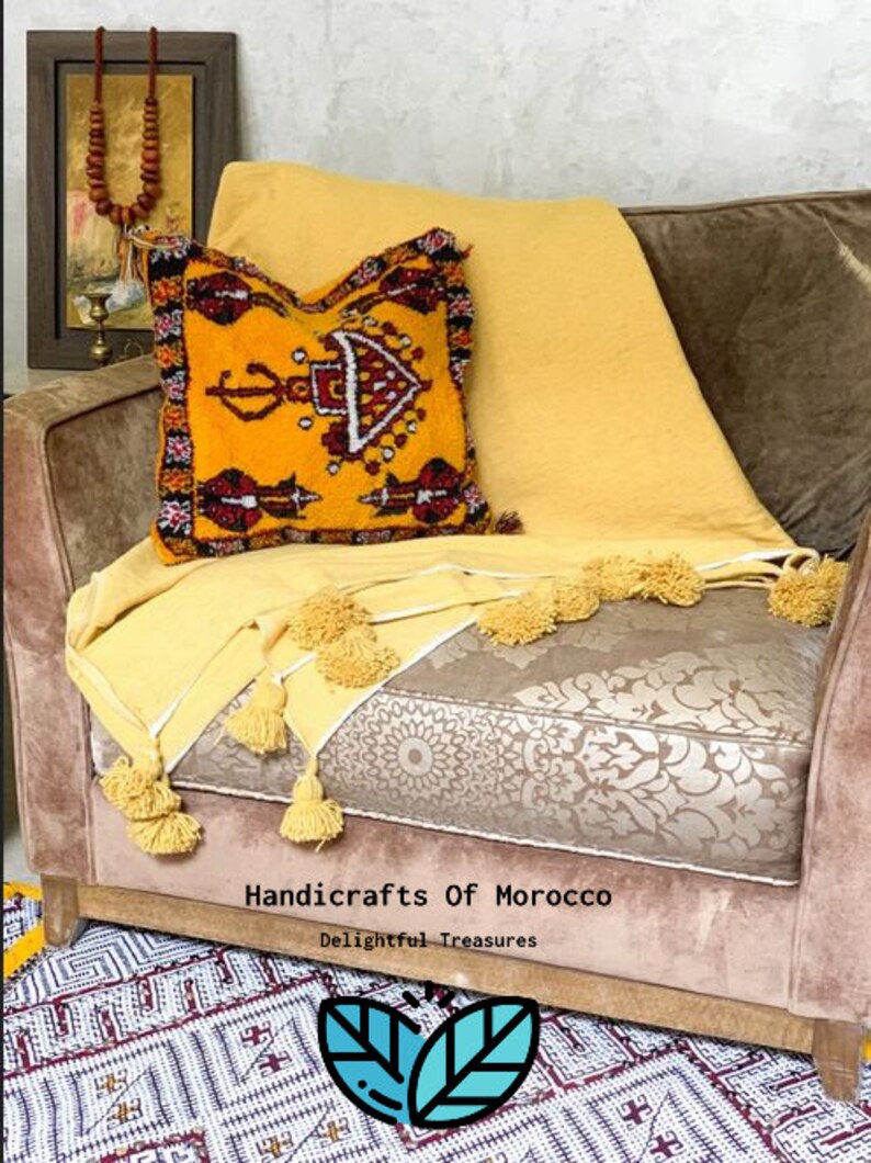 Hyppoalergenic Moroccan Pom Pom Tassel Throw Blanket Mustard Etsy