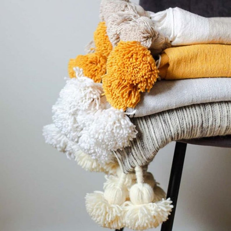 Hyppoalergenic Moroccan Pom Pom Tassel Throw Blanket Mustard Etsy
