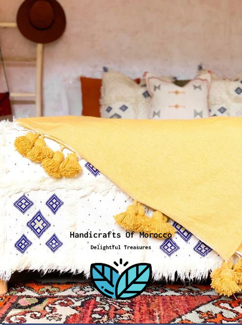 Hyppoalergenic Moroccan Pom Pom Tassel Throw Blanket Mustard Etsy