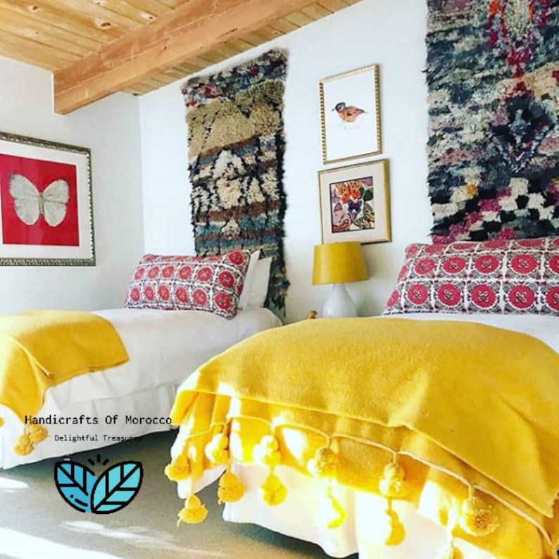 Hyppoalergenic Moroccan Pom Pom Tassel Throw Blanket Mustard Etsy