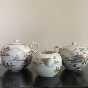 Vintage hand painted Japanese porcelain tea set, Teapot, creamer & sugar bowl set, Painted scenery tea set