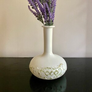 Vintage milk glass decanter vase with green and gold paint, Filigree design