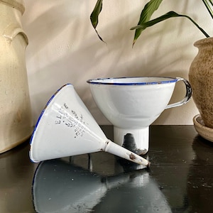 Set of two vintage white and blue enamel funnels, Elite Austria funnel, farmhouse funnels