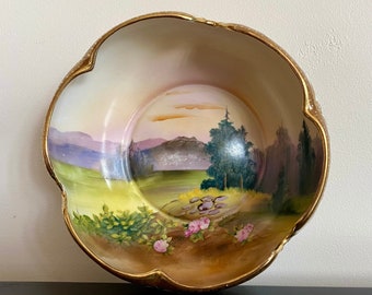 Antique Noritake hand painted bowl, Made in Japan, Circa 1918, painted mountain scene