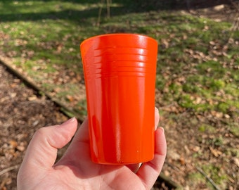 Vintage orange Moderntone Platonite cup, Hazel Atlas Glass co, Small juice cup