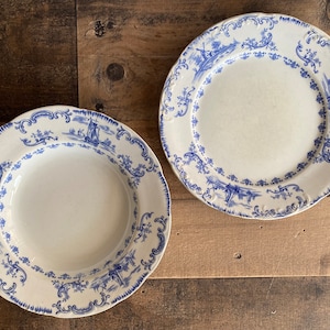 Antique Mellor, Taylor & Co. &quot;Delft&quot; pattern plate and bowl, Blue and white dishes, Windmill and ship motif, Made in England