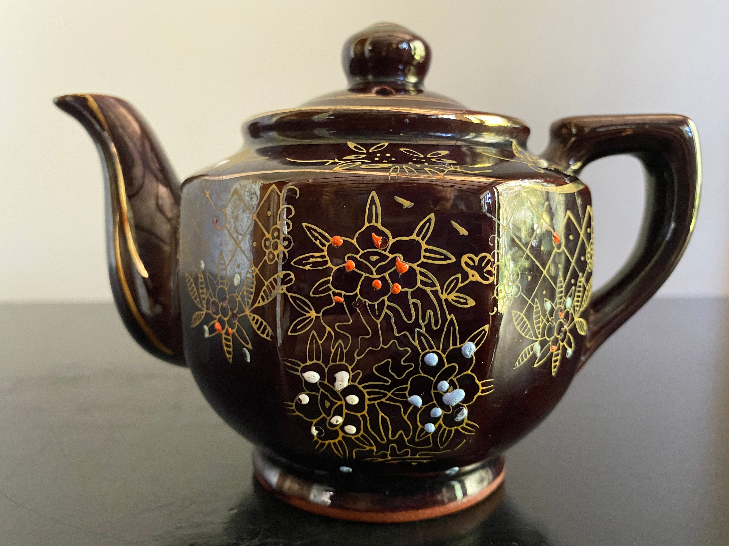 Small Vintage Brown Teapot With Gold Floral Design and Raised Etsy
