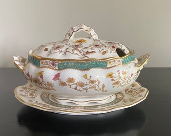 Antique Thomas Furnival & sons small tureen/sauce dish with under plate, 19th century semi porcelain 3 piece serving dish with floral motif