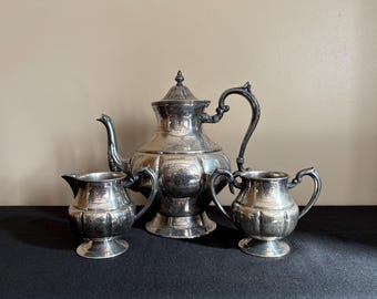 Vintage 3 piece silver plate tea set, Silver on copper, Teapot sugar bowl and creamer