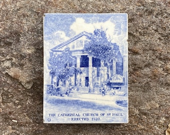 Vintage Wedgwood blue and white tile "The Cathedral Church of St. Paul Erected 1820", Jones McDuffee & Stratton importers