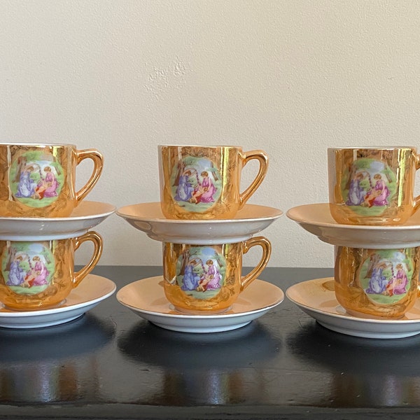 Set of six vintage iridescent orange demitasse cups and saucers made in Japan, iridescent orange mini teacups with figural scene