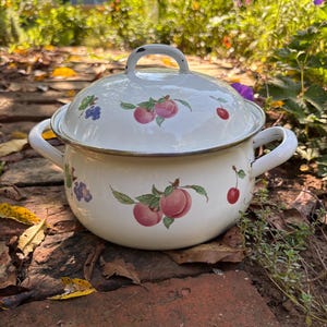 May include: A white enamel pot with a matching lid, featuring two side handles and a metal rim. The exterior is decorated with a painted pattern of red cherries, purple grapes, and pink peaches with green leaves, set against a glossy white finish.