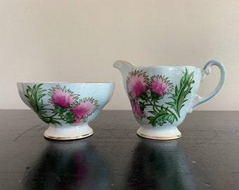 Vintage Foley bone china "Glengarry Thistle" mini creamer and open sugar bowl, Made in England