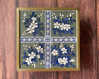 Vintage Mintons china works square tile trivet with blue and white floral design in brass footed frame