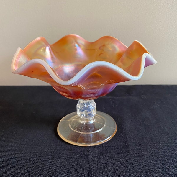 Vintage Dugan peach opalescent carnival glass "Coin Spot" compote