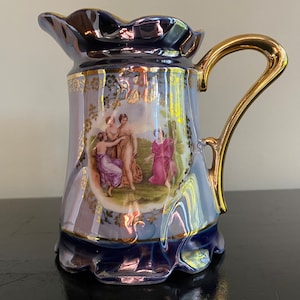Vintage German lusterware creamer or small pitcher with romantic scene, Purple luster pitcher with gold trim