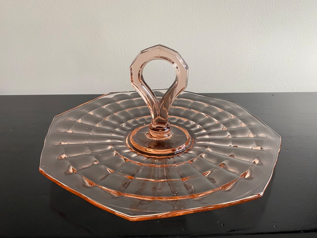 Pink Glass Serving Tray with Handles and ribbing