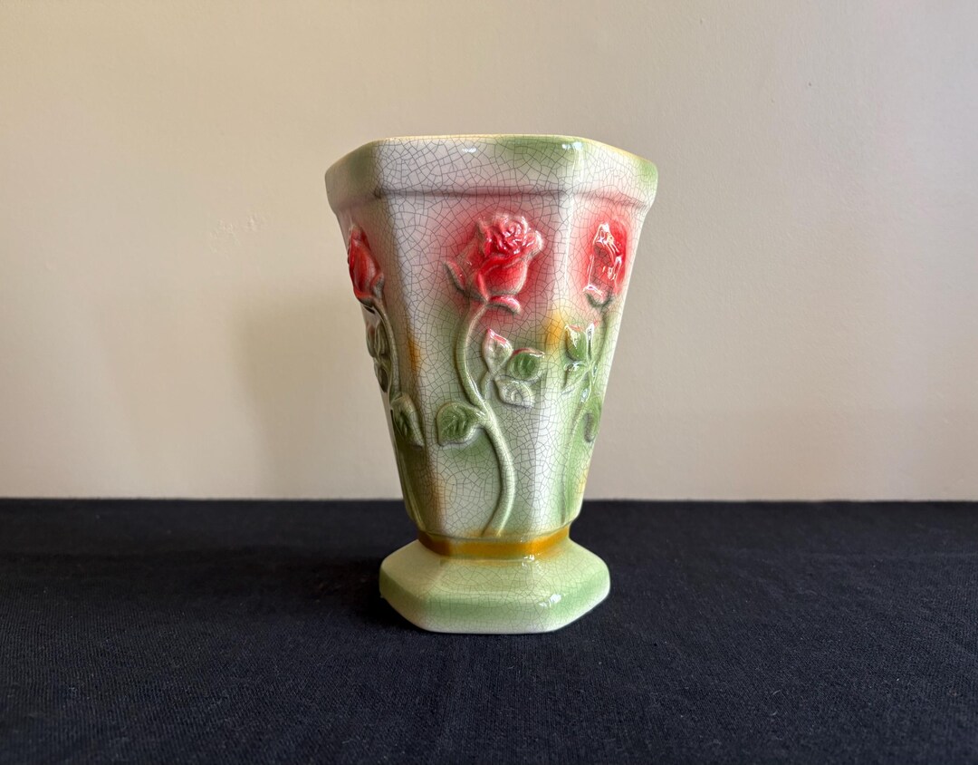 Vintage Bloom Rite Hexagonal Crackle Glaze Rose Vase, MCM Flower Vase ...
