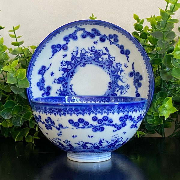 Vintage blue and white Asian bowl and plate set, Children at play under trees, Flow blue rice bowl