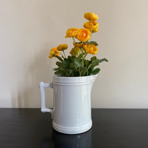 Antique white ironstone milk pitcher with square handle, white kitchen decor