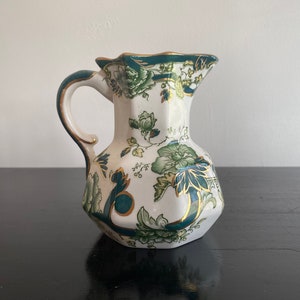 Vintage Mason's ironstone "Chartreuse" 10 oz Hydra jug, Small green and gold transferware jug