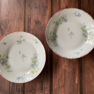 Pair of antique GDM Limoges bowls with blue flowers and gold trim, Made in France