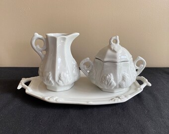 Vintage Red Cliff ironstone "Grape" pattern creamer and sugar set with tray, Midcentury white ironstone