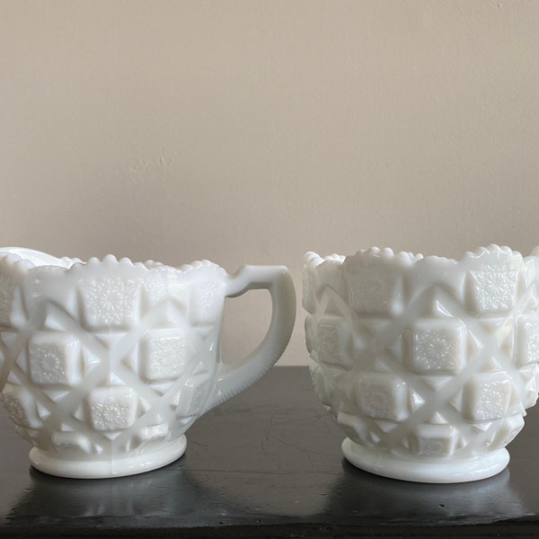 Vintage Westmoreland milk glass old quilt creamer and open sugar bowl set