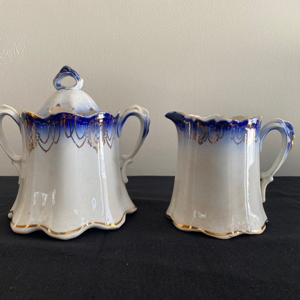 Antique Sterling china blue and white creamer & sugar bowl, Made in Sebring Ohio