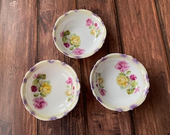 Set of 3 antique matching PK Silesia small side bowls with rose design and lusterware rims, Made in Germany