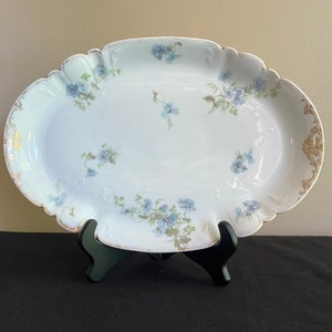 Antique GDM Limoges porcelain serving tray with blue flowers and gold trim, Made in France