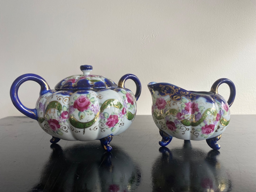 Antique Hand Painted Nippon Creamer and Sugar Bowl Set, Pink and Green