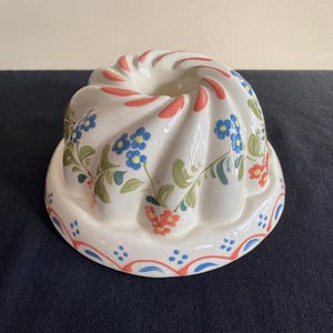 Vintage kugelhopf pottery cake mold, hand painted floral ceramic bundt pan, French country kitchen decor