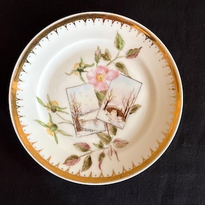 Antique CFH Limoges hand painted dessert plate with winter senes and large flowers, Made in France, Collectable plate