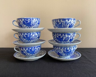 Set of 6 vintage blue and white phoenix teacups, Made in Japan