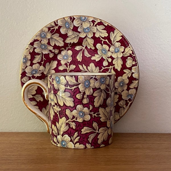 Vintage Lord Nelson "Royal Brocade" demitasse cup and saucer, Made in England, small burgundy chintz teacup