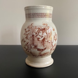 Antique &quot;Mother Hubbard&quot; brown transferware vase with built in flower frog made by Old Hall Earthenware