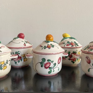 Set of five Luneville Old Strasbourg lidded jam jars, Small two handled jars with fruit handle lids, made in France, Cottage kitchen decor