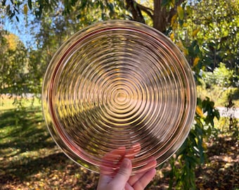 Vintage pink depression glass large rimmed plate with ribbed design, 10 1/4 inch plate