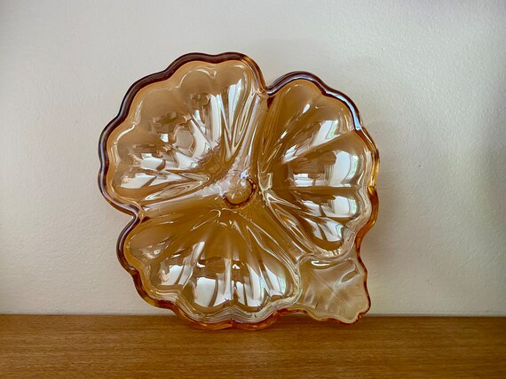 Vintage Marigold Carnival Glass 3 Leaf Clover Divided Dish