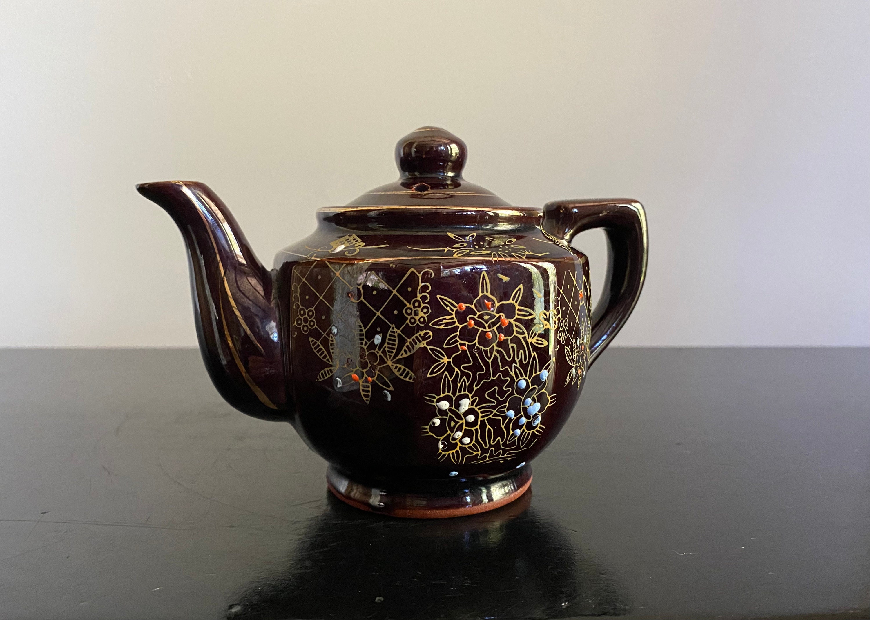 Small Vintage Brown Teapot With Gold Floral Design and Raised Etsy