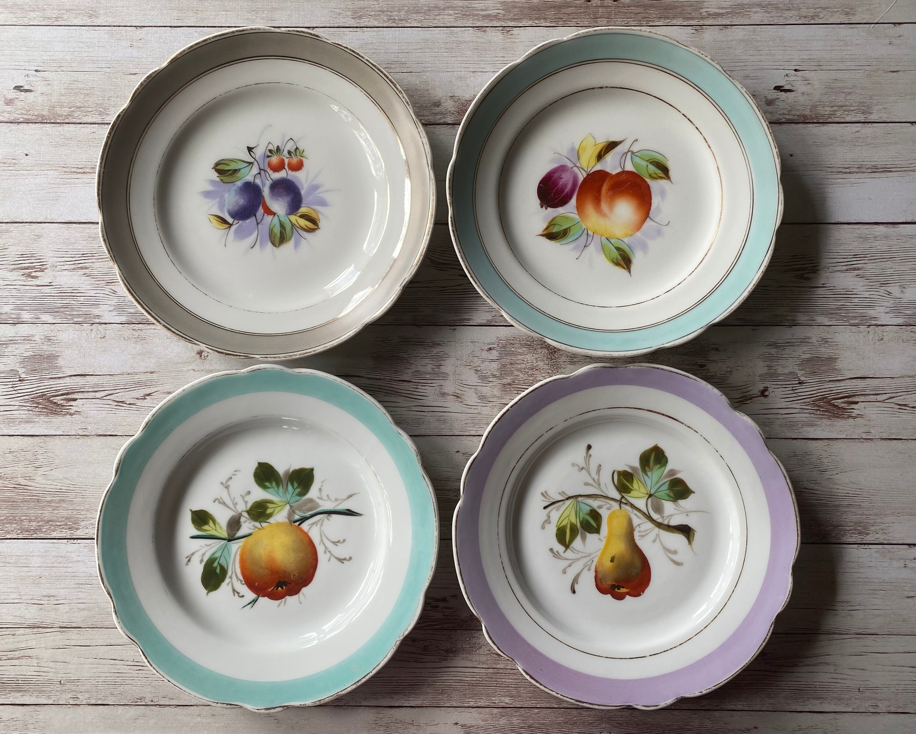 Set of Four Antique/vintage Fruit Design Plates With Pastel Etsy