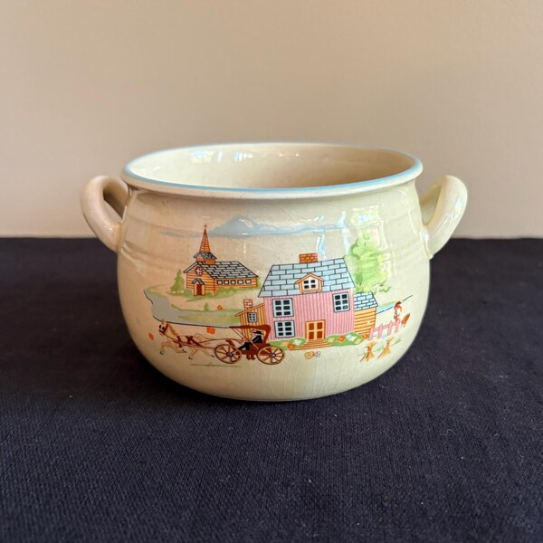 Vintage two handled bowl with village scene design, Made in Korea